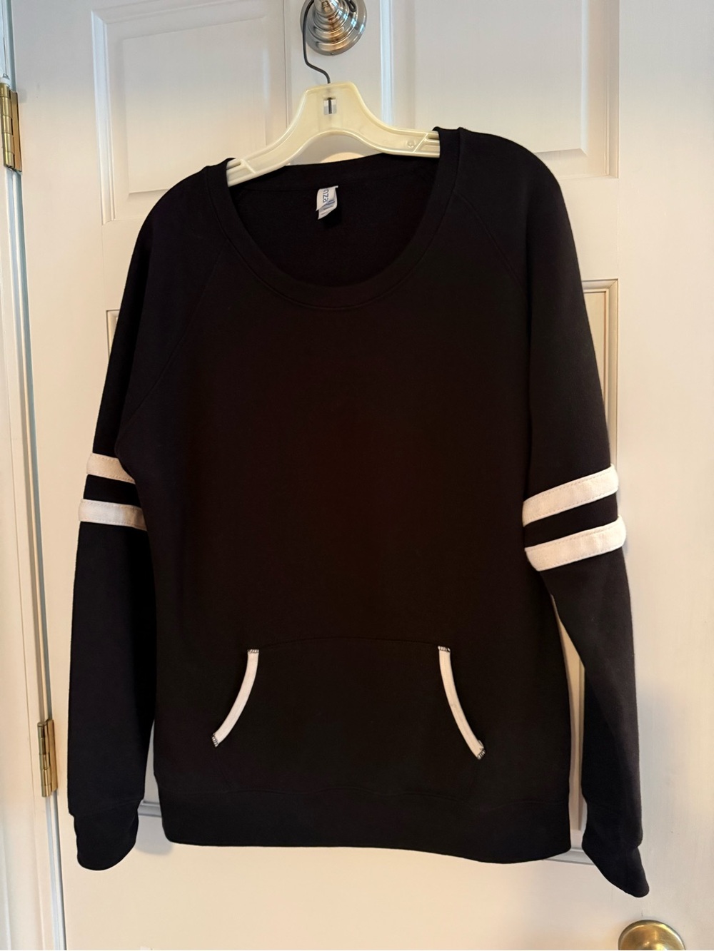Enza Black Sweatshirt Pullover with Varsity Stripes Size L